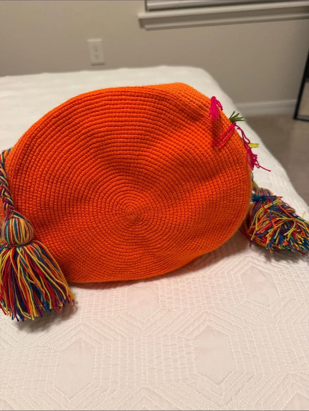Handmade Wayuu Mochila  Orange Bucket Bag with Multicolor Strap